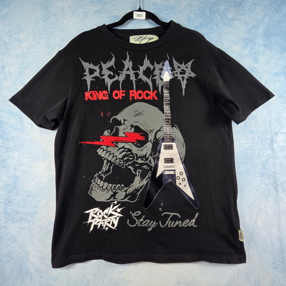 Bkys Mens King of Rock Skull Guitar Graphic T-Shirt Black Rhinestone Large